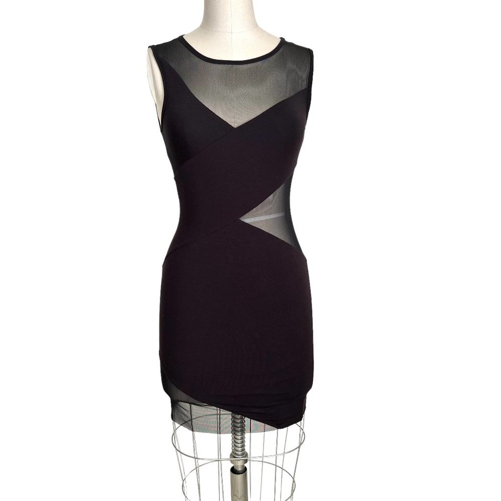 Bailey 44 sleeveless fitted black mesh jersey combo mini dress